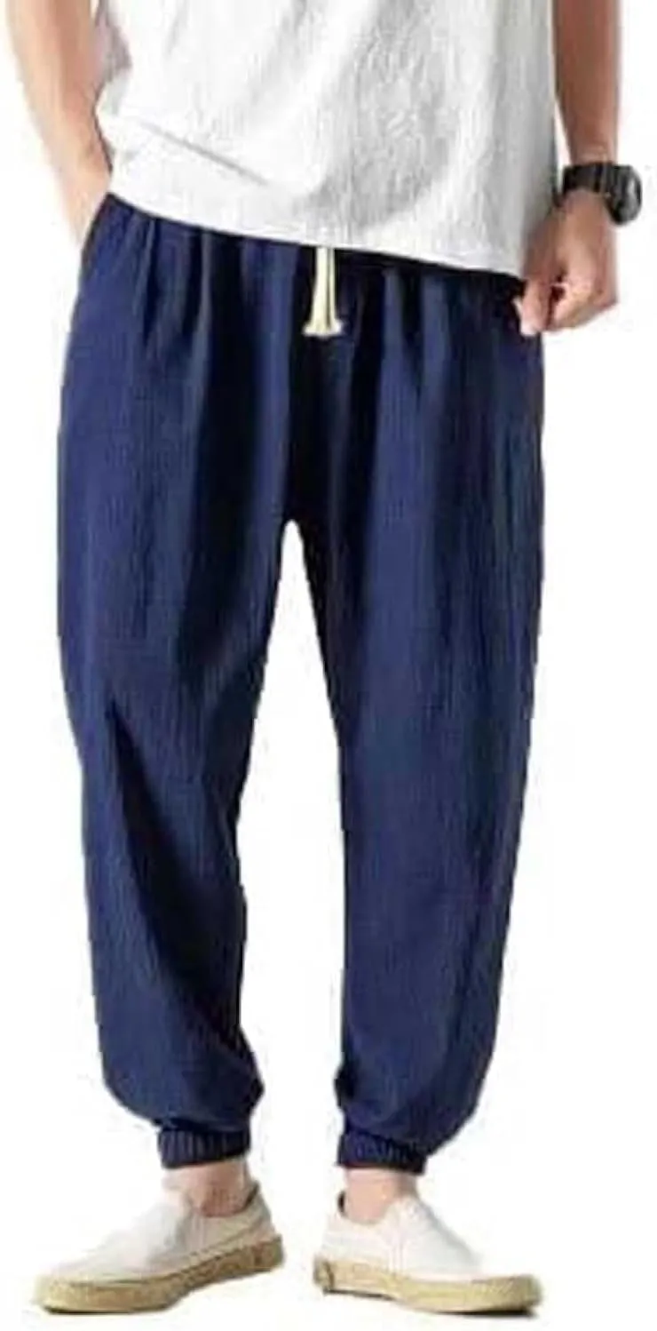 Casual Pants for Men Linen Japanese Pants Cotton Elastic Waist Comfy Beach