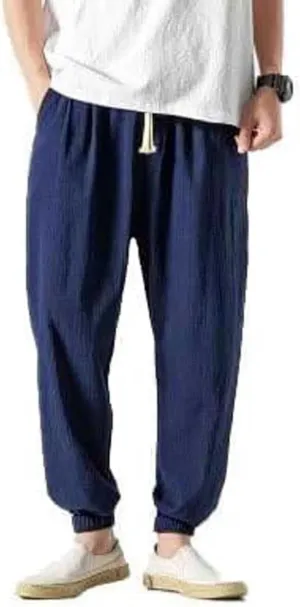 Casual Pants for Men Linen Japanese Pants Cotton Elastic Waist Comfy Beach