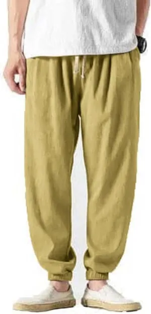 Casual Pants for Men Linen Japanese Pants Cotton Elastic Waist Comfy Beach