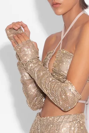 Crystal Embellished Fishnet Gloves in Gold