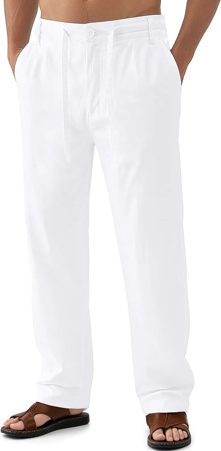 Janmid Men's Linen Pants Casual Elastic Waist Drawstring Yoga Beach Trousers