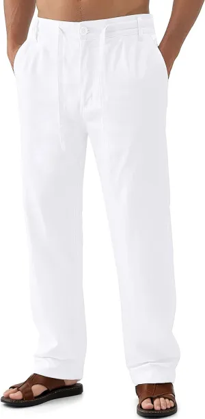 Janmid Men's Linen Pants Casual Elastic Waist Drawstring Yoga Beach Trousers