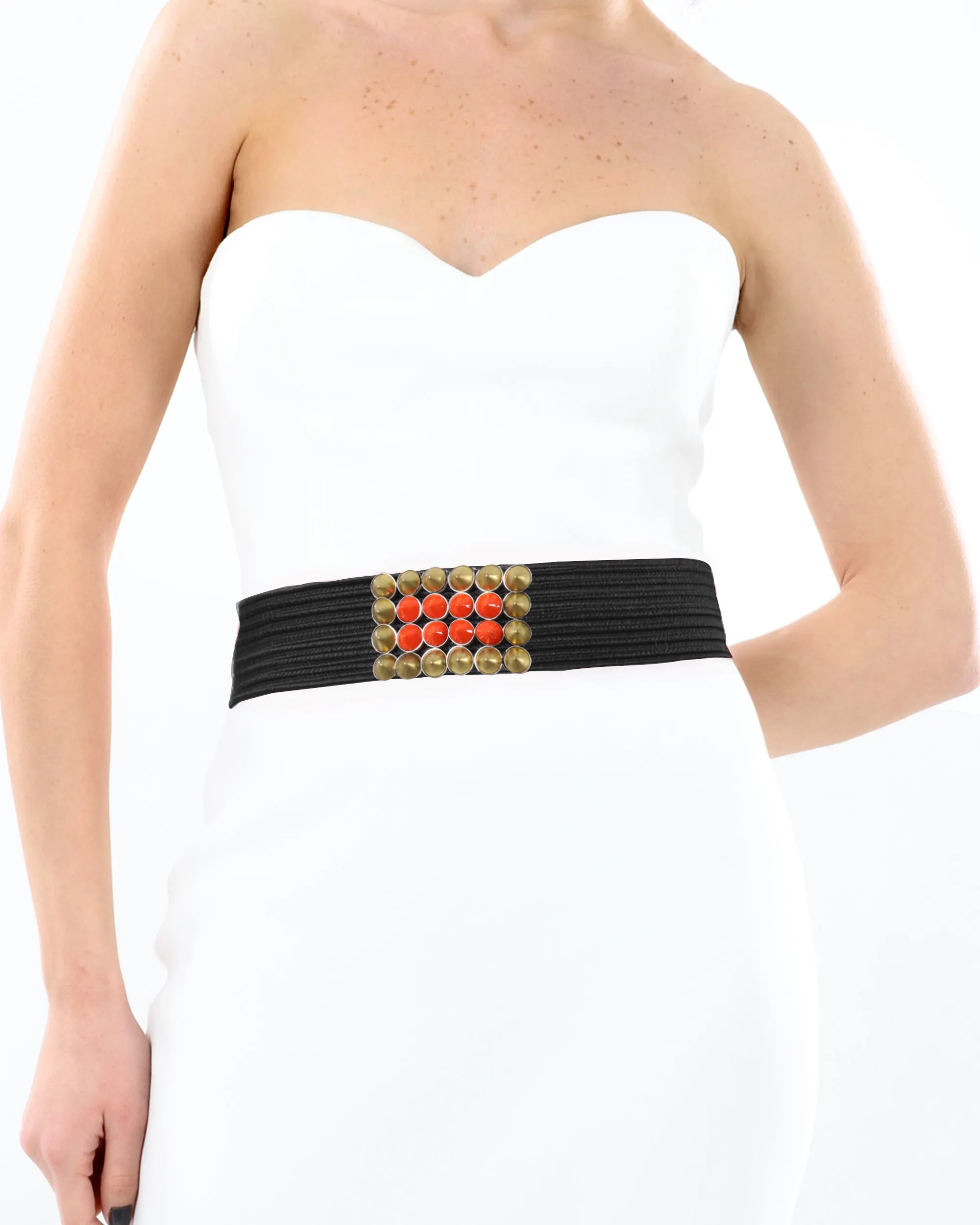 Knitted Black Belt With Orange Stones