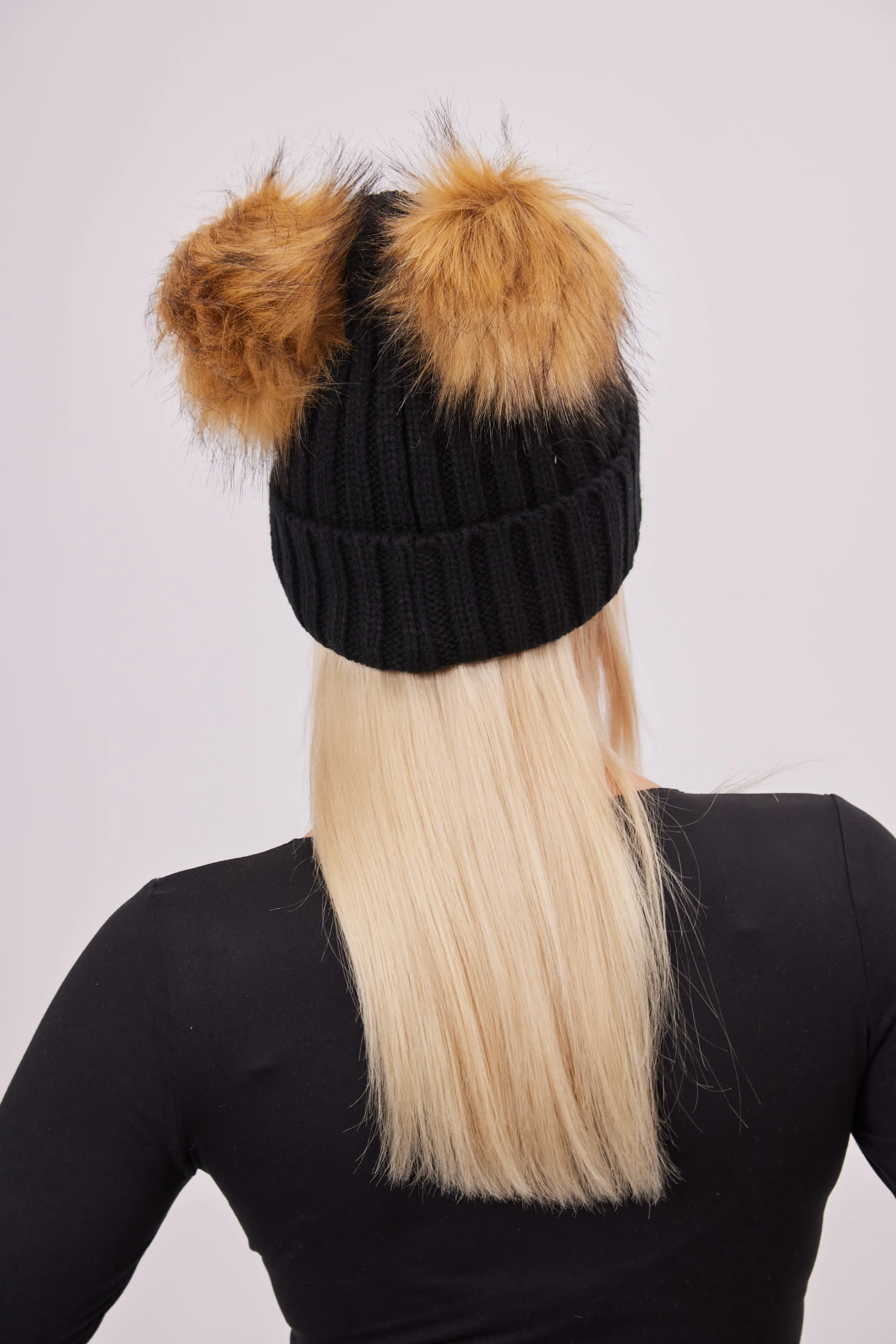 Knitted Double Fur Pom Beanie in Black