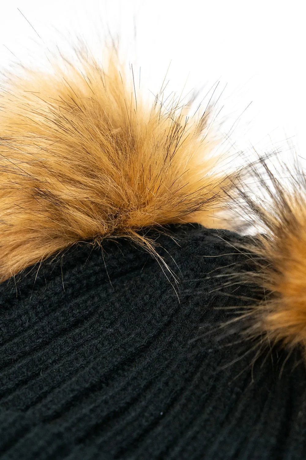 Knitted Double Fur Pom Beanie in Black