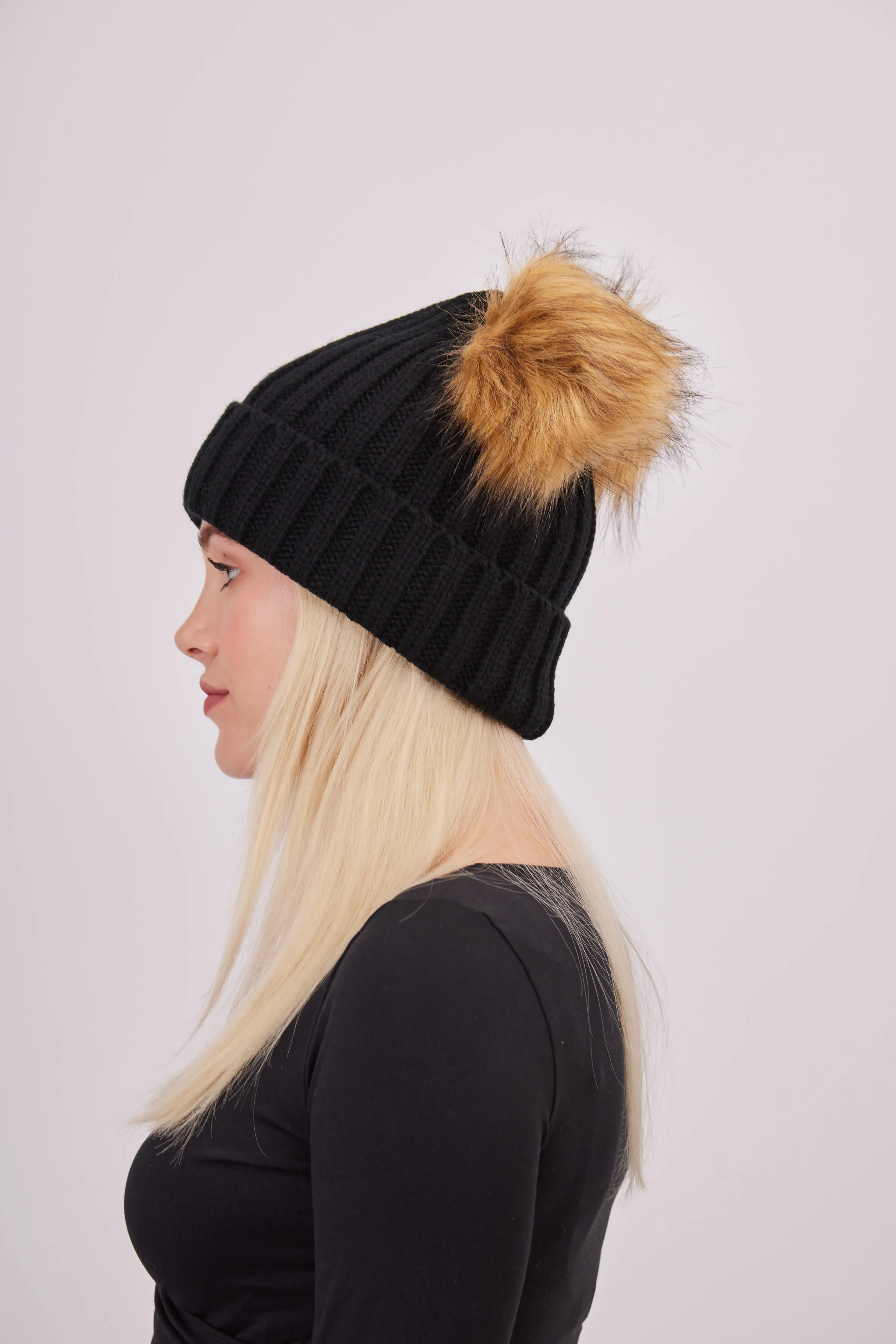 Knitted Double Fur Pom Beanie in Black