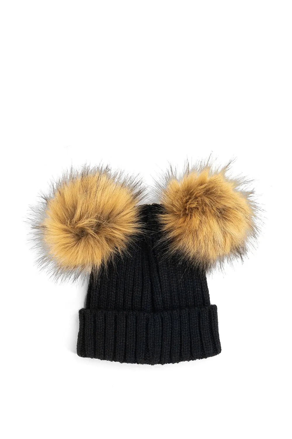 Knitted Double Fur Pom Beanie in Black