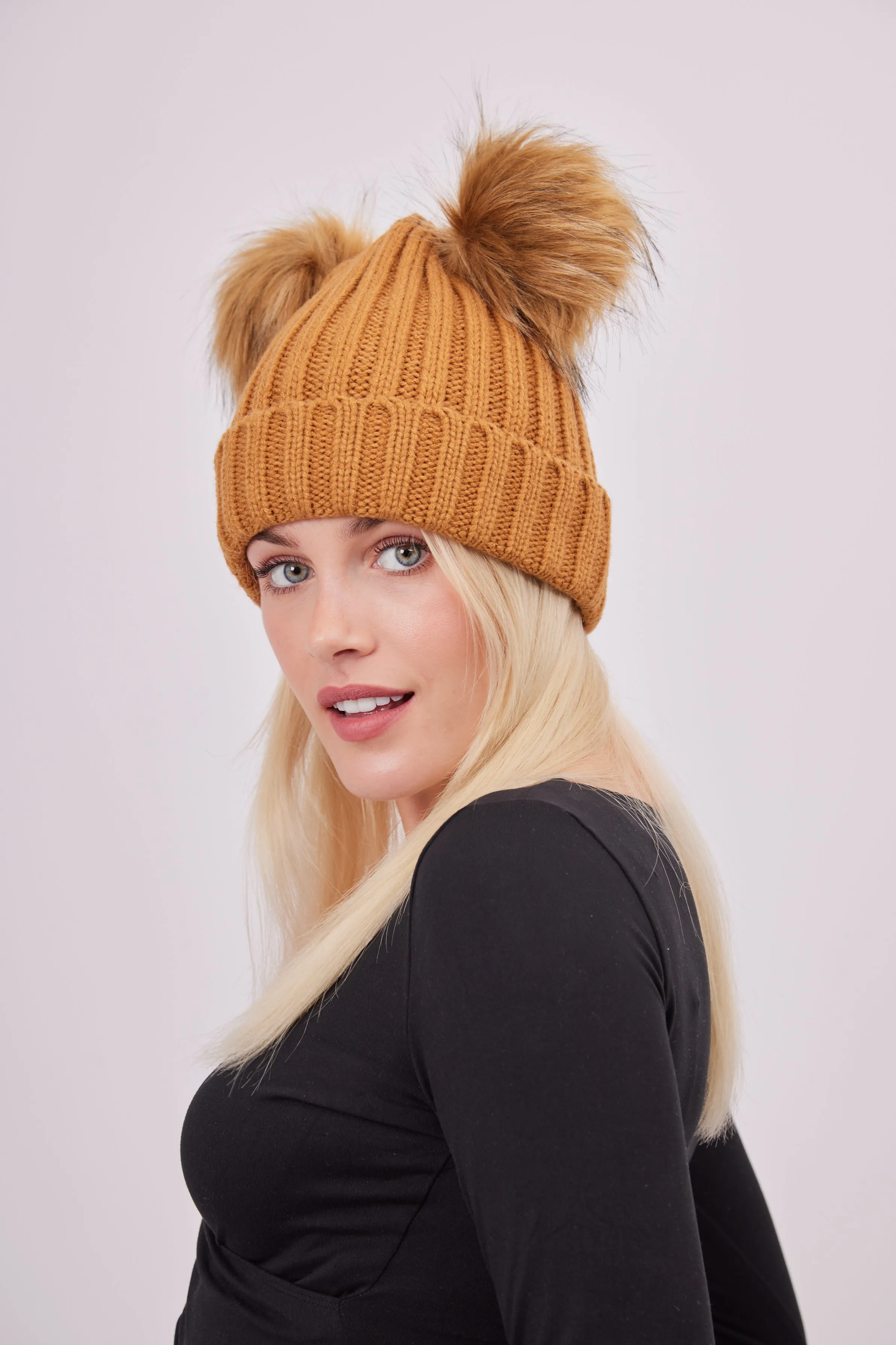 Knitted Double Fur Pom Beanie in Toffee Brown