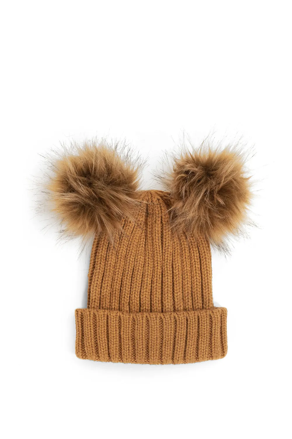 Knitted Double Fur Pom Beanie in Toffee Brown