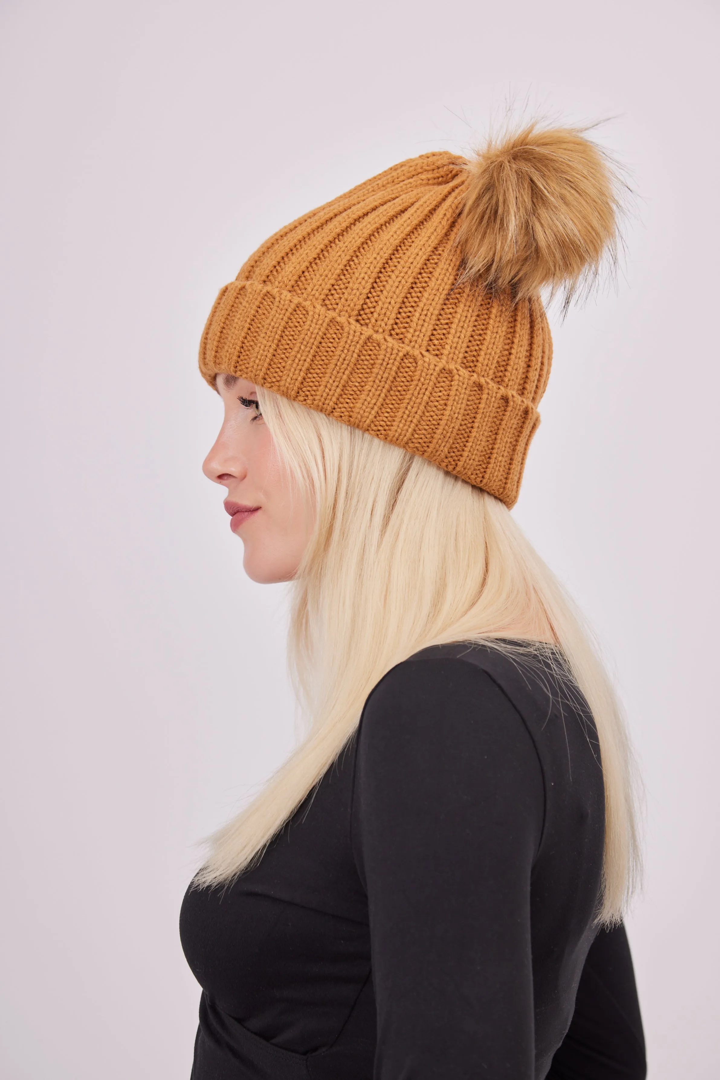 Knitted Double Fur Pom Beanie in Toffee Brown