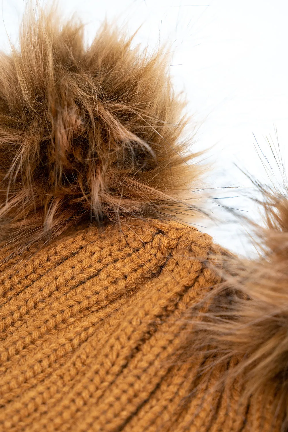 Knitted Double Fur Pom Beanie in Toffee Brown