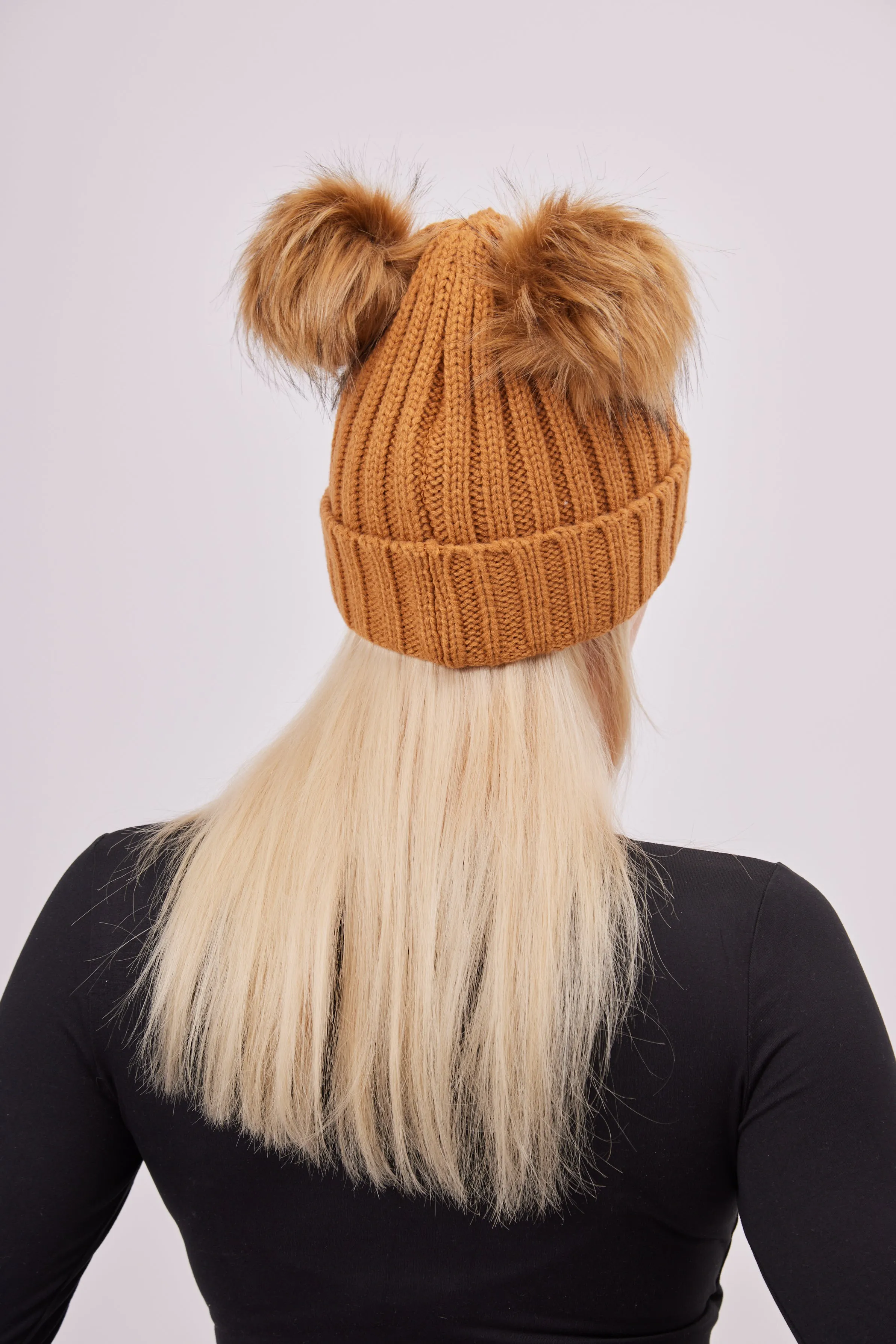 Knitted Double Fur Pom Beanie in Toffee Brown
