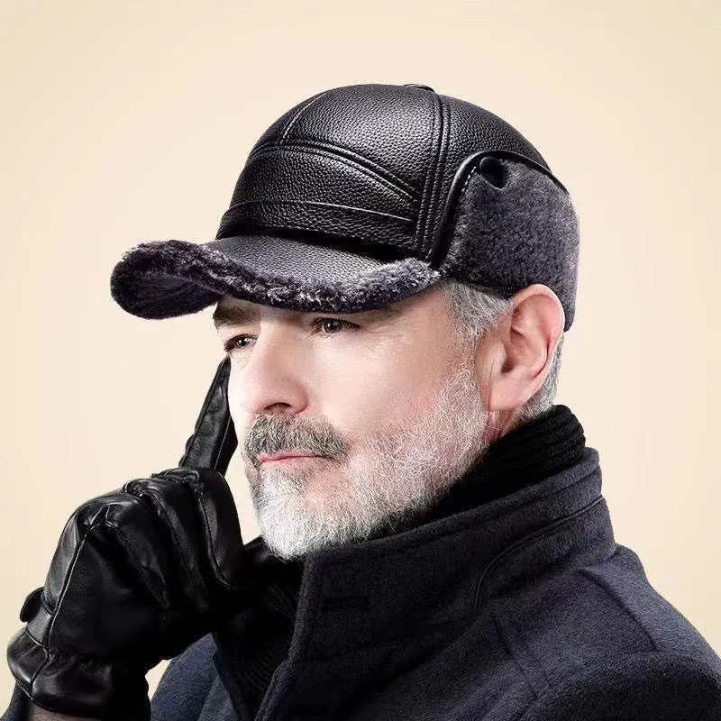 New men's winter hat with sheepskin flat top earmuffs