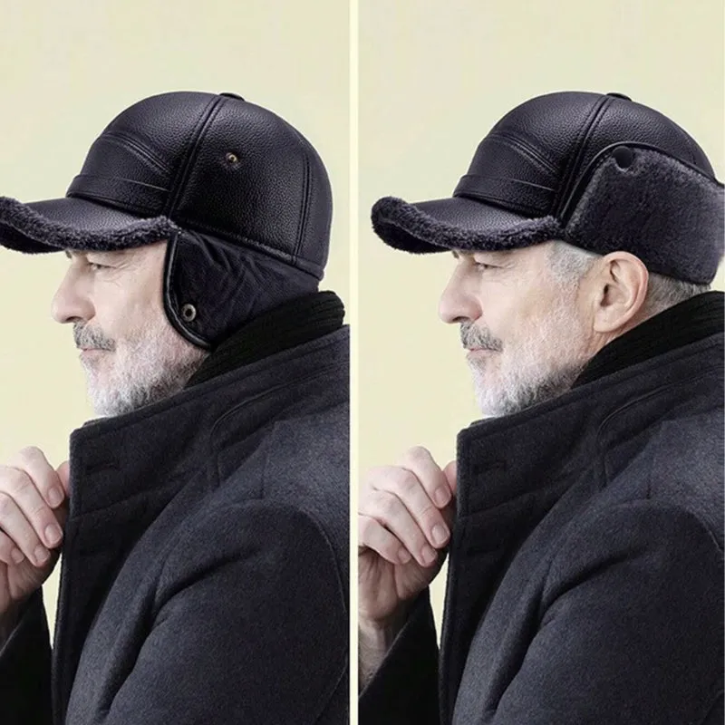 New men's winter hat with sheepskin flat top earmuffs
