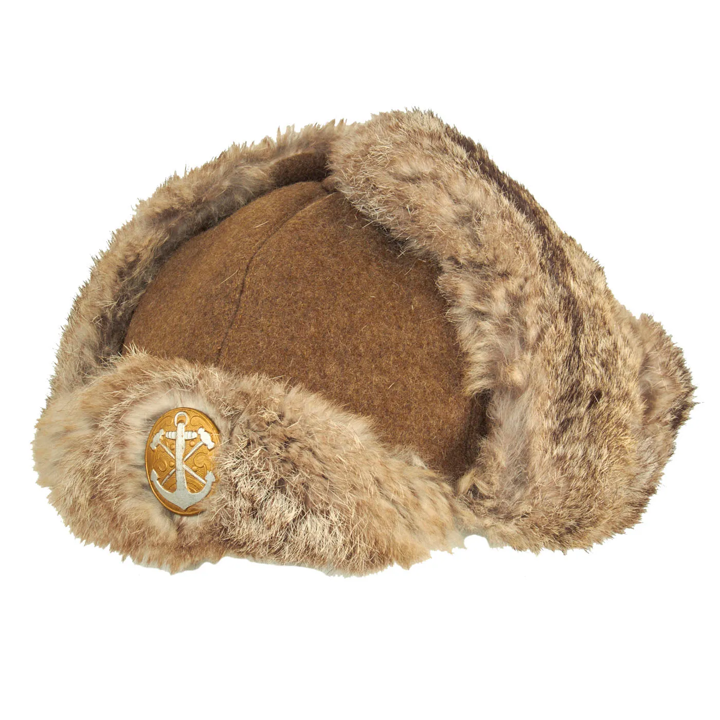 Original WWII Imperial Japanese Navy Construction Engineers Winter Rabbit Fur Cap - Rare