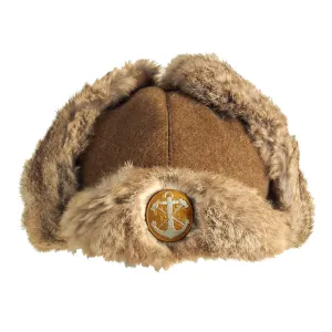 Original WWII Imperial Japanese Navy Construction Engineers Winter Rabbit Fur Cap - Rare
